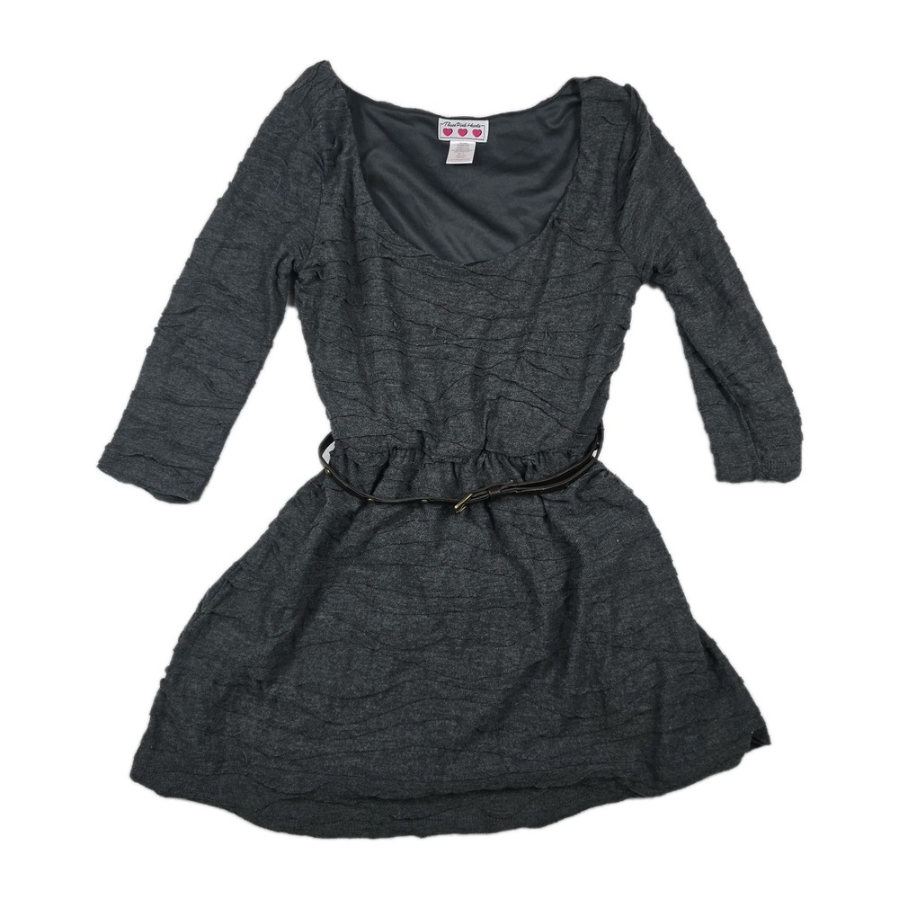 Three Pink Hearts Gray Textured Fit & Flare Dress S 3/4 Sleeve Studded Belt